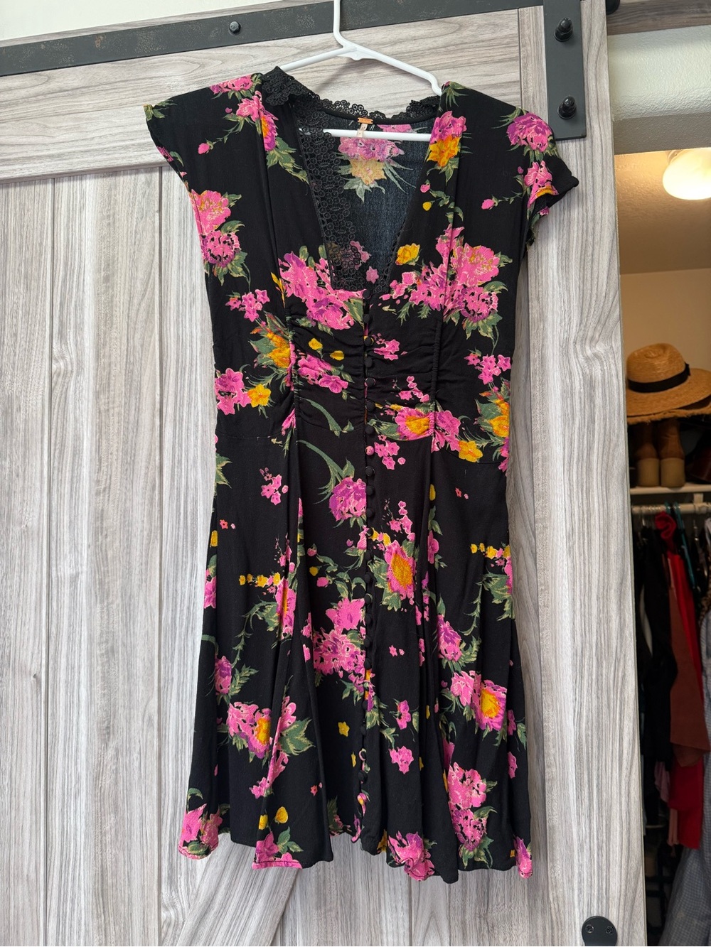 Free People Black Mini Dress with Pink & Yellow Floral Print